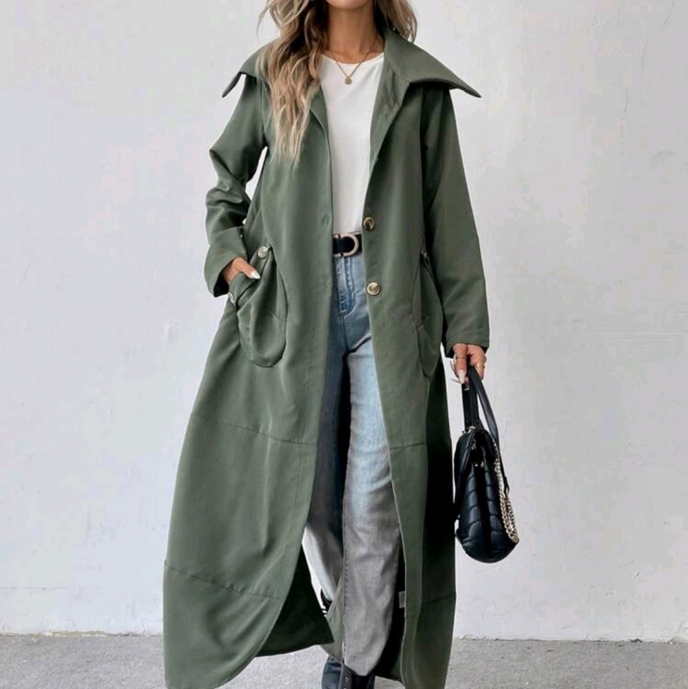 Casual Solid Color Double Pocket Long Jacket - Picture 5 of 7